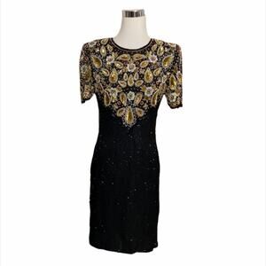 Vintage Laurence Kazar 100% Silk Beaded Mini Dress L7